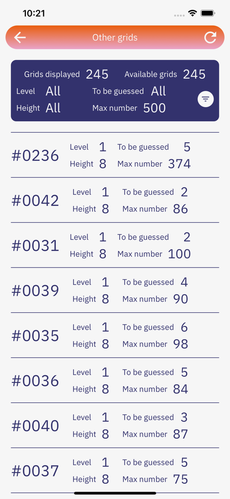 Quickonor by Tetonor - A list of available math puzzle grids in the Quickonor app displaying difficulty levels and grid parameters