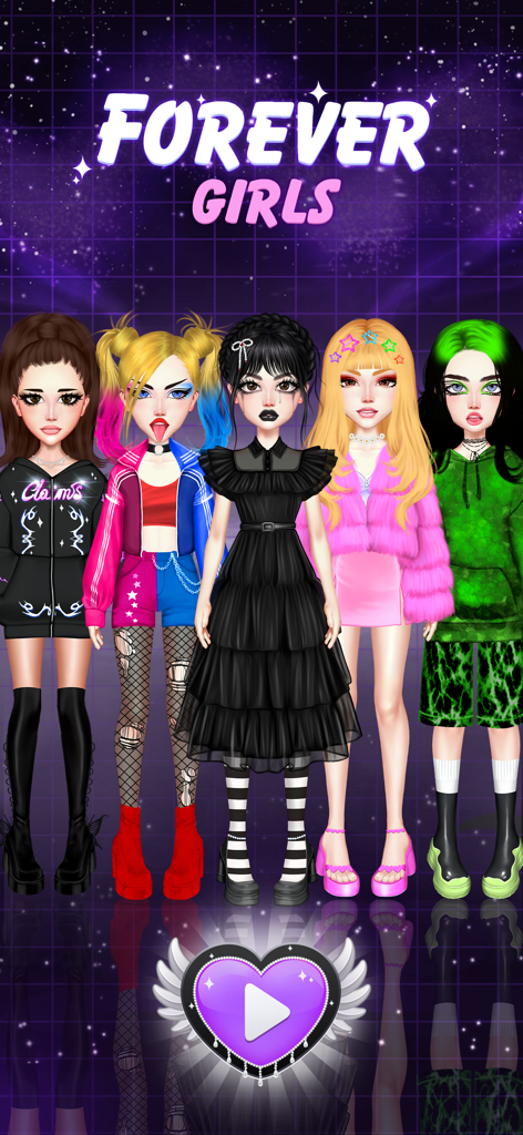 Forever Girls: Avatar Dress Up - Cinco avatares estilosos que representan diferentes tendencias de moda en la pantalla principal de la aplicación de cambio de imagen de avatar Forever Girls