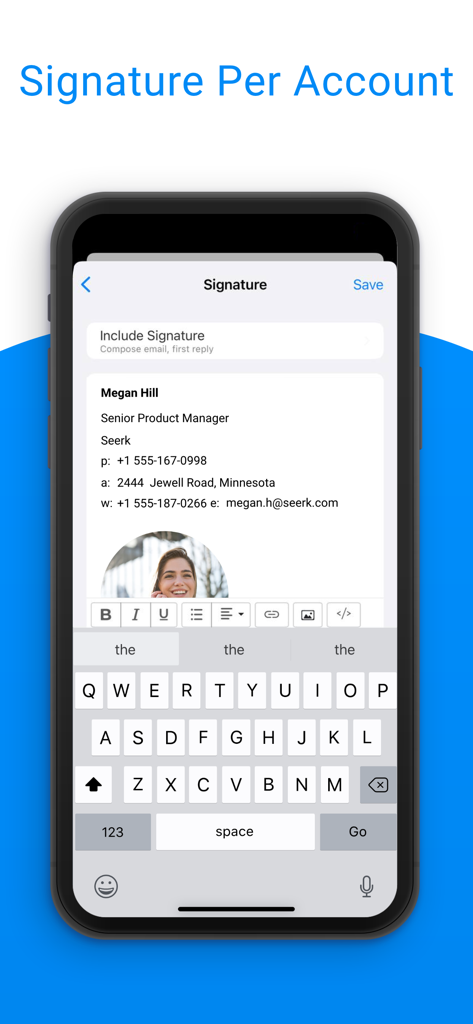 TypeApp Email, Mail & Exchange - Schermata di personalizzazione della firma email di TypeApp su un telefono cellulare che mostra dettagli di contatto e strumenti di formattazione
