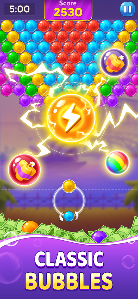 Bubble Clash: Win Real Cash - A bubble shooter gameplay screen showing colorful bubbles power-up icons and cash rewards at the bottom.