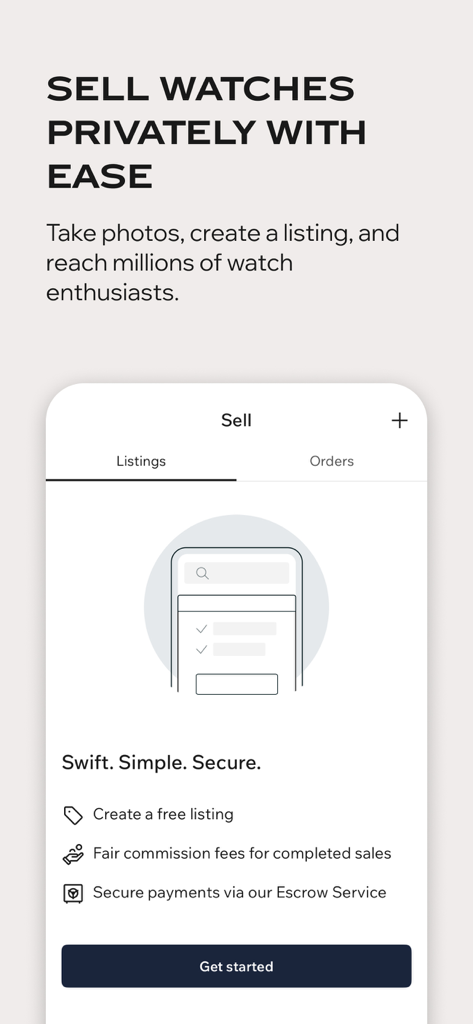 Chrono24 | Luxury Watch Market - Pantalla de la aplicación Chrono24 que muestra la interfaz de venta privada de relojes de lujo con detalles de pago seguro por custodia.