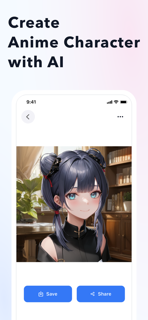 AI Art Generator by AI Picasso - A mobile app screen showing an AI-generated anime girl with blue eyes and Save and Share buttons
