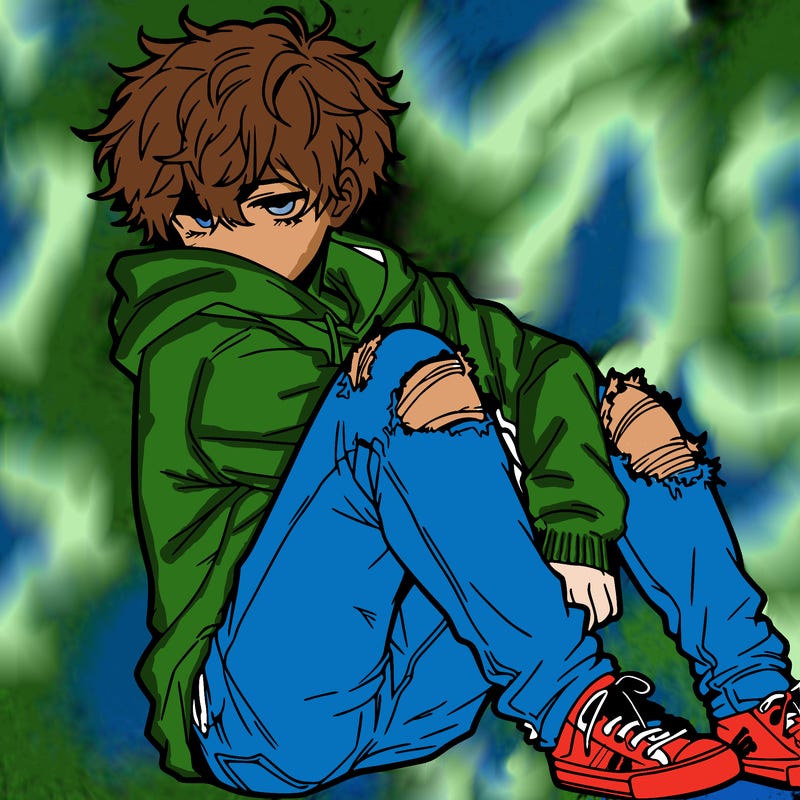 a male hoddie ripped jeans messy hair anime
