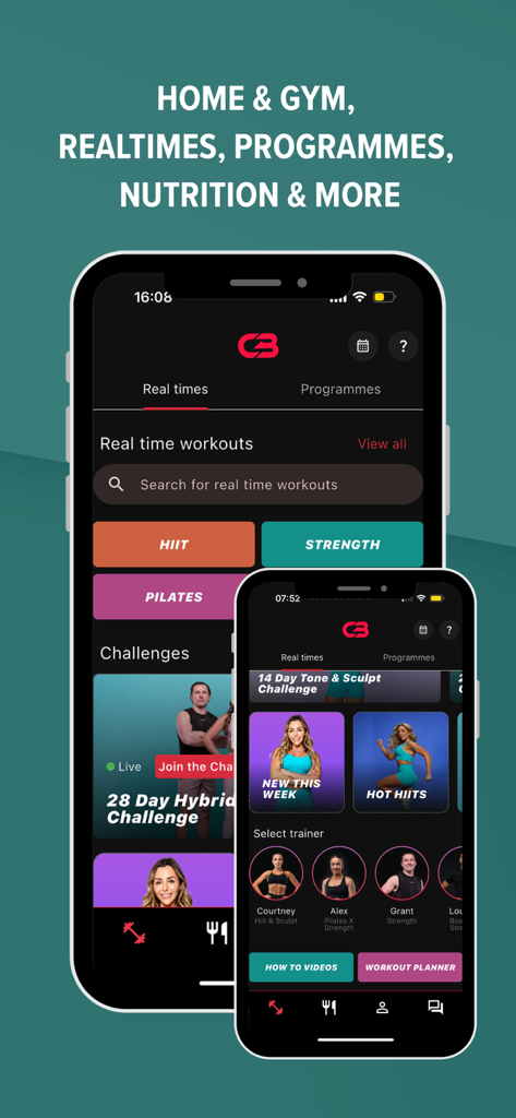 Courtney Black Fitness - Courtney Black Fitness app interface showing real time workouts strength training and nutrition plans