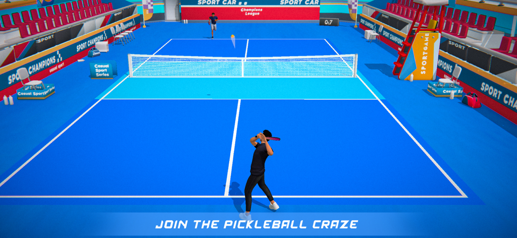 PickleBall 3d - A 3D pickleball match on a blue court with a player character ready to hit the ball in a stadium setting