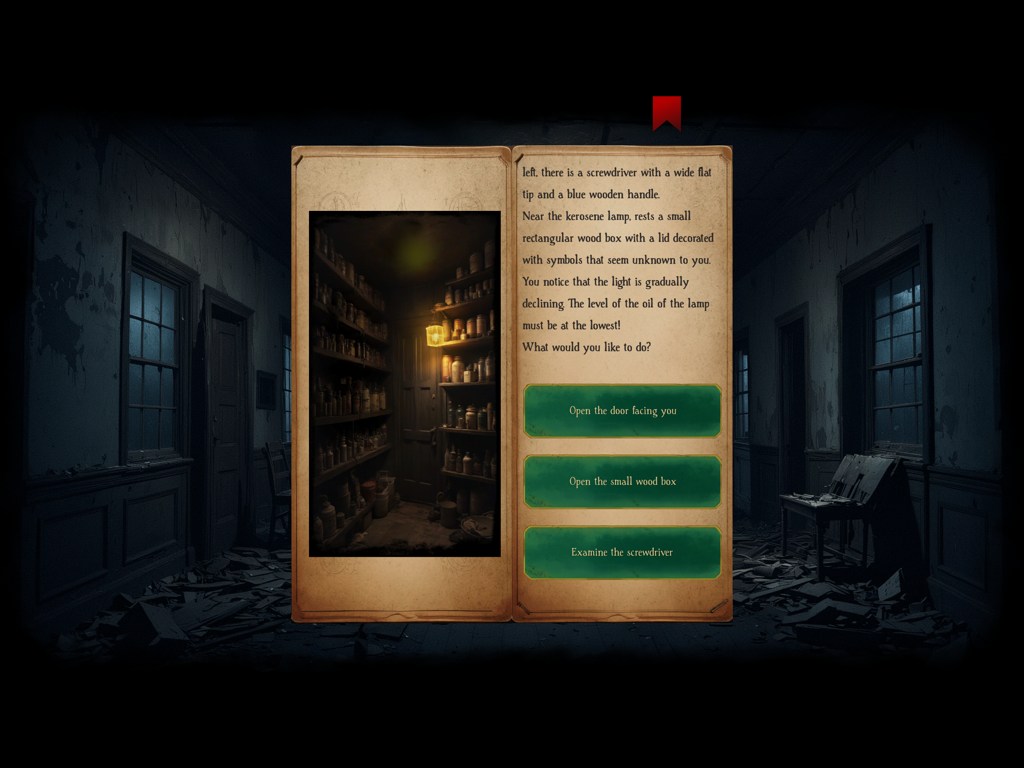 Angor : RPG - An interactive book interface in Angor RPG showing narrative text and multiple choice buttons in a dark atmospheric setting.