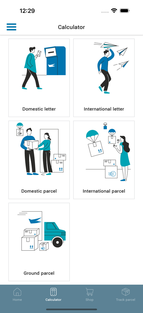 Georgian Post - Selection screen for domestic and international letter and parcel shipping in the Georgian Post app