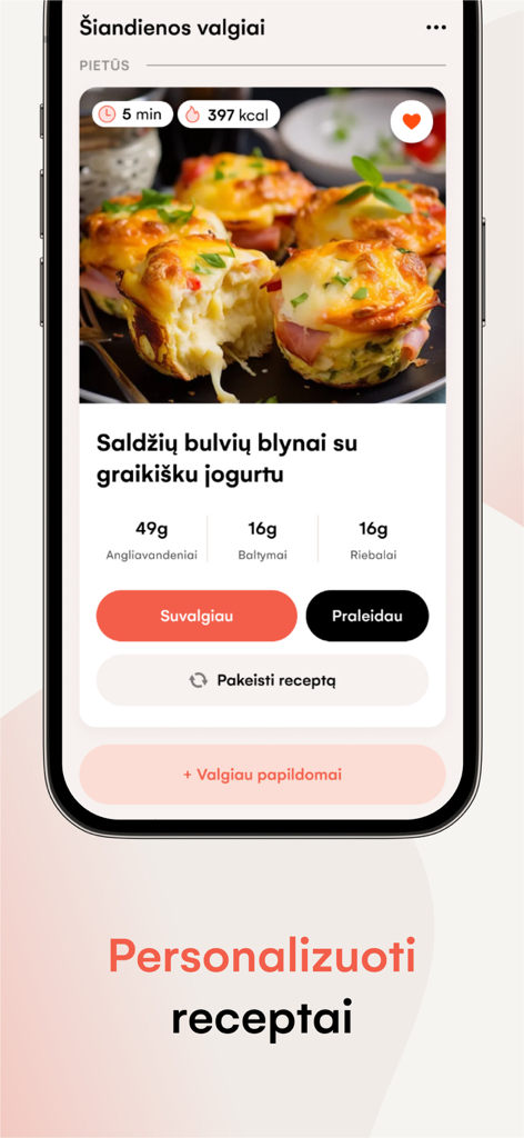 Persikas.com: Mitybos planai - Persikas mobile app screen showing a personalized meal plan recipe with calorie and macronutrient tracking