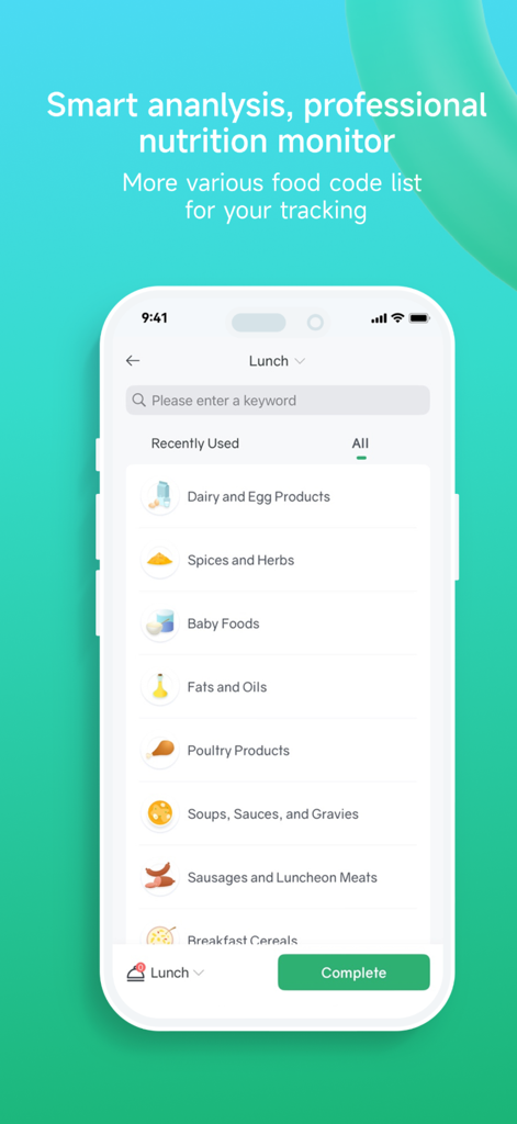 Fitdays+ - Smartphone screen showing the Fitdays plus app nutrition monitor with food categories like dairy spices and baby foods