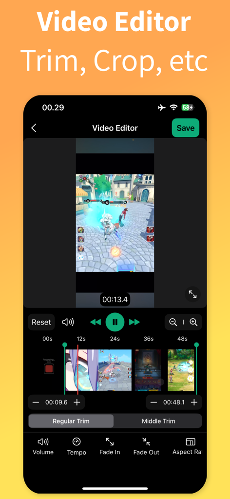 Screen Capture・Game Recorder - In-app video editor interface showing gameplay trim and crop tools for mobile content creators