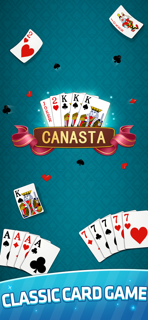 Canasta - Offline Card Game - Pantalla de título del juego de cartas sin conexión Canasta con cartas de juego clásicas sobre un fondo verde.