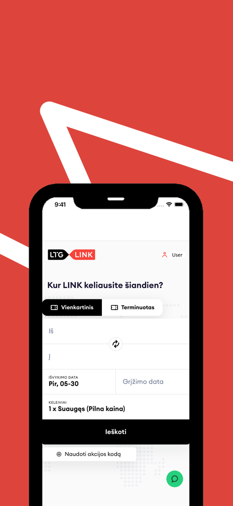 LTG Link mobile app interface showing the train ticket search screen for Lithuanian rail travel