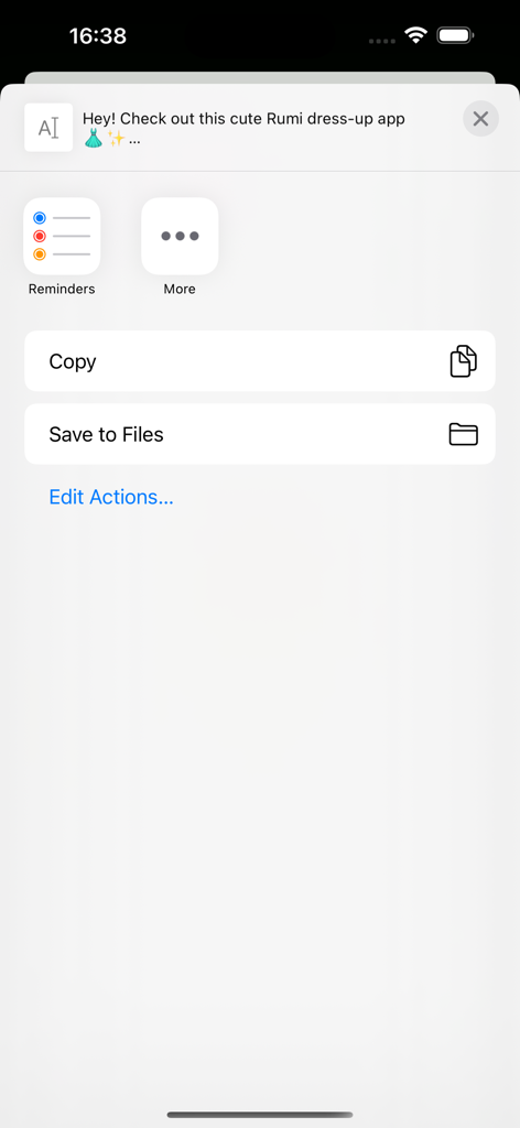 Rumi Hundrix: Dress Up Game - iOS share sheet interface showing options to share the Rumi Hundrix dress up game with a custom message