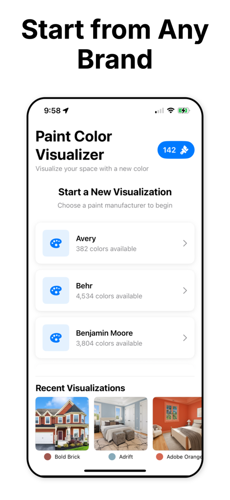 Paint Color Visualizer - Paint Color Visualizer app interface showing paint brand options like Behr and Benjamin Moore for home visualization projects.