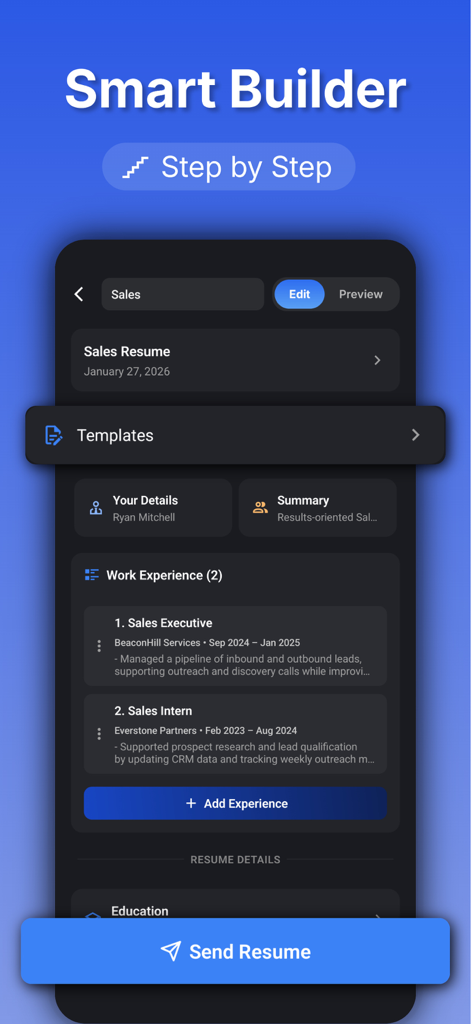 Resume Builder – Job CV Maker - Interfaz de un creador de currículums móvil que muestra secciones de experiencia laboral y perfil.