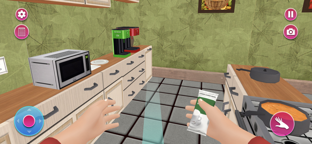 Visão em primeira pessoa de um jogador preparando comida em uma cozinha em um jogo de simulação Mãe Grávida