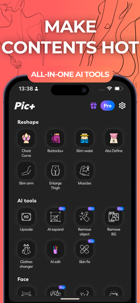 Interface of the Pic plus AI app showing body reshaping and AI photo editing tools