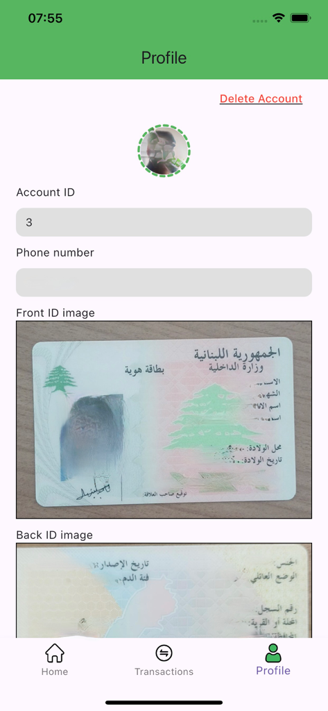 MOL-Pay - MOL-Pay app profile screen displaying account ID and uploaded images of a Lebanese identity card for verification.