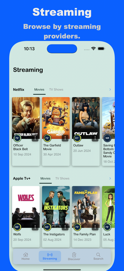 FlixHub app interface showing movies available on Netflix and Apple TV Plus categorized by provider.