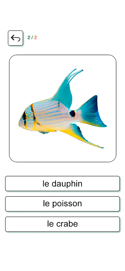 Una pantalla de cuestionario de vocabulario de francés que muestra un pez tropical con opciones de opción múltiple.