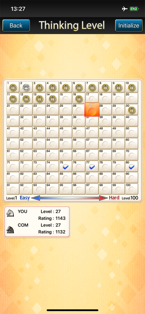 Écran de sélection du niveau de difficulté de The Chess Lv.100 avec 100 niveaux de difficulté et classements ELO