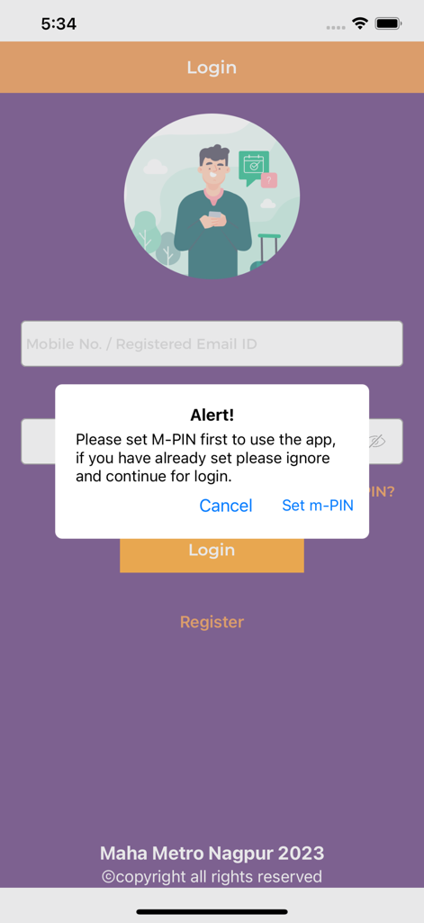 Nagpur Metro Rail - Nagpur Metro app login screen showing a popup alert to set an M-PIN.