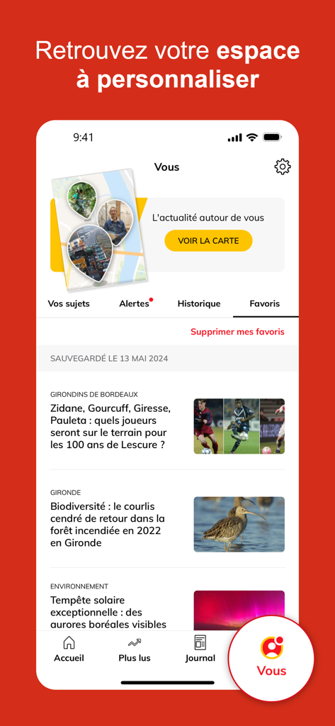 Interface de l'application mobile Sud Ouest montrant un flux d'actualités personnalisé et des articles préférés enregistrés