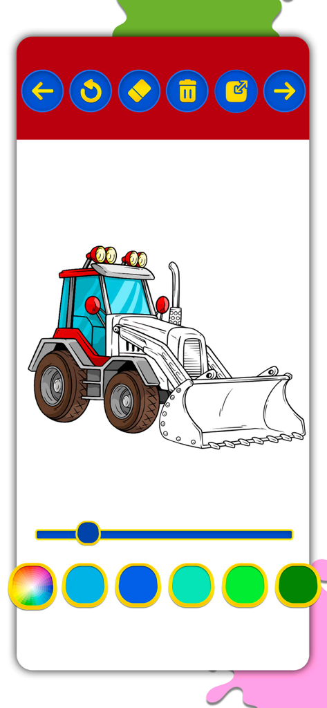 Cars Coloring Pages Collection - Página de colorir digital de um trator de construção com uma paleta de cores e ferramentas criativas para crianças.