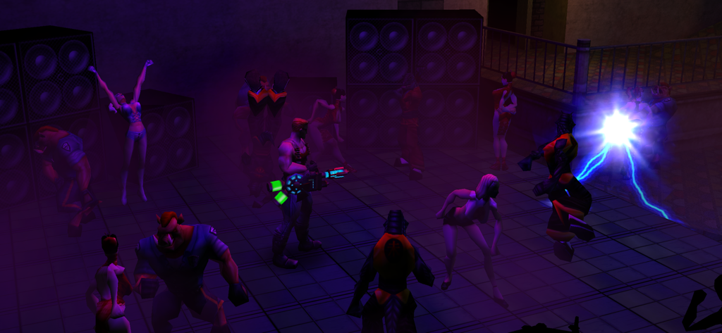 Duke Nukem: Manhattan Project - Duke Nukem sosteniendo un arma brillante en un nivel oscuro de discoteca con enemigos y bailarines.