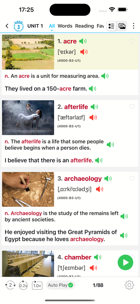 4000 Essential English Words ⑶ - Pantalla de aprendizaje de vocabulario en inglés que muestra palabras con definiciones e imágenes.