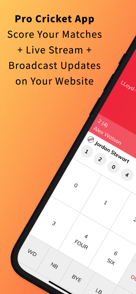 CrickPro - Cricket Scoring App - CrickPro app interface showing live cricket match scoring with options for runs extras and broadcast updates