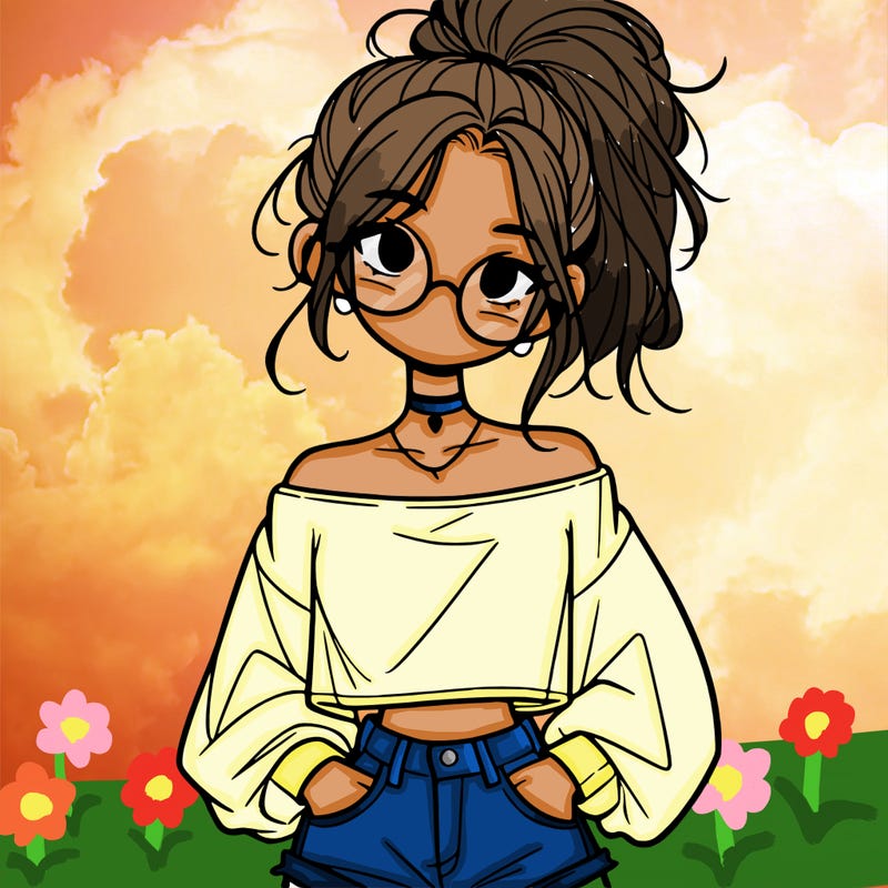 girl with a messy ponytail glasses a baggy crop top and jean shorts