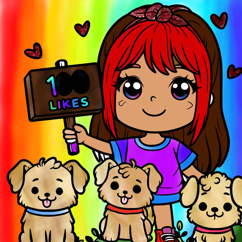a girl with dogs holding up a sign that says 100 likes