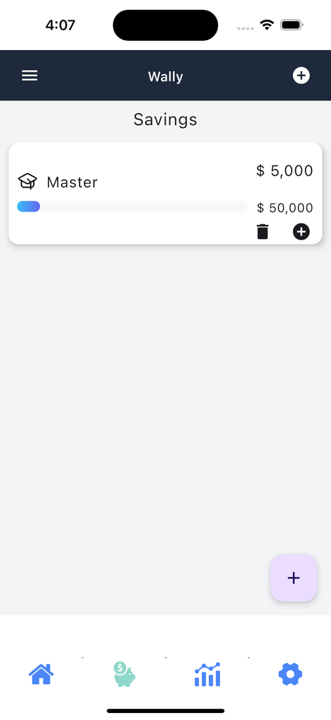 Wally app savings screen displaying a progress bar for a master degree financial goal