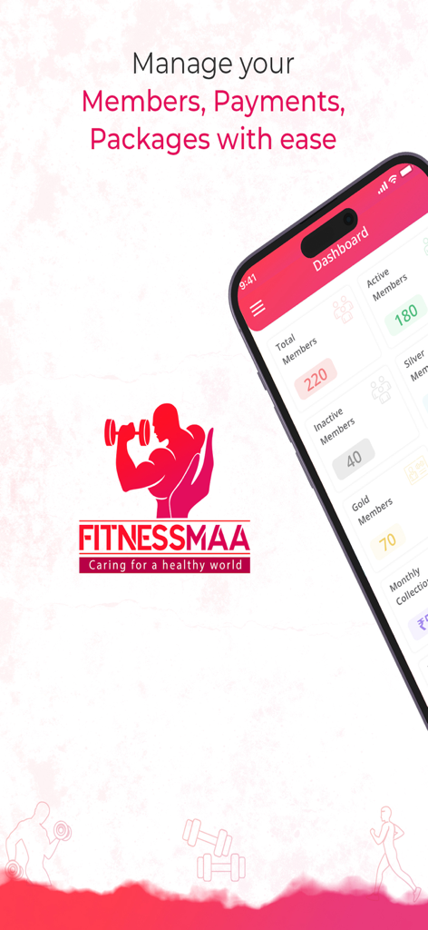 FitnessMaa: Gym Management App - FitnessMaaアプリのダッシュボード。ジムオーナー向けの会員統計とビジネス管理機能を表示。