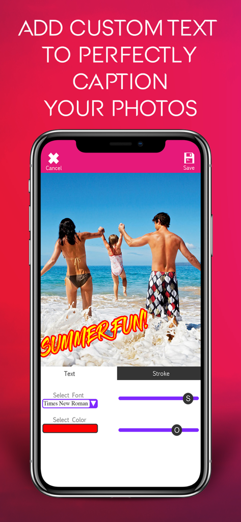 A mobile app interface showing a custom text caption added to a family beach photo.