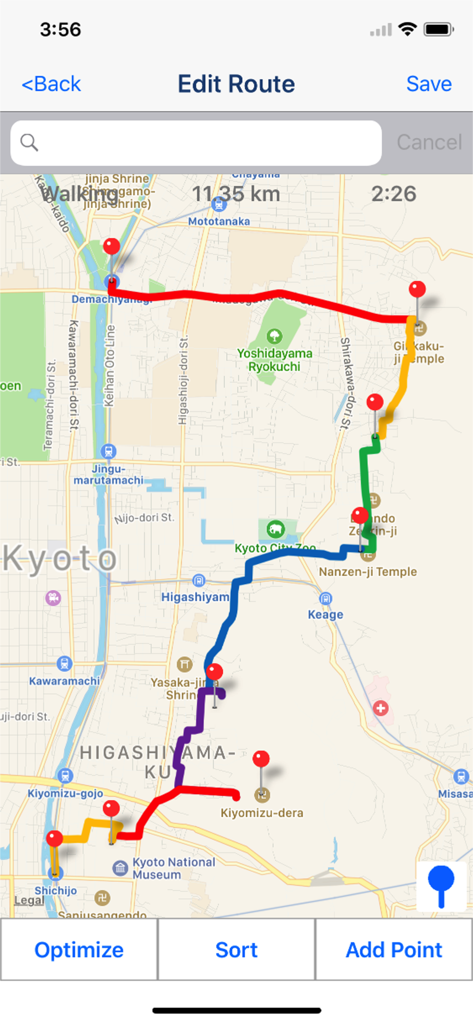 Route Maker app screen showing a multi-stop walking route optimized on a map with distance and time details.