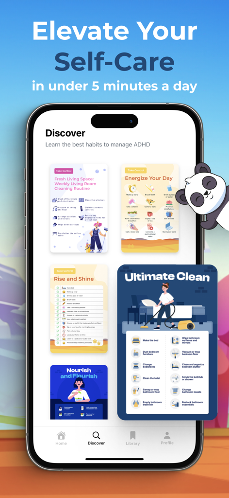Cub: Self Care Pet & Focus - Cub app Discover screen displaying various self care routines and habit cards for ADHD management