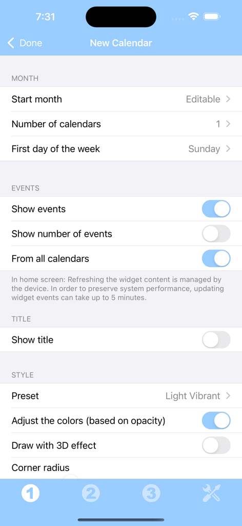My Widgets - Pantalla de configuración para un widget de calendario personalizado que muestra opciones de diseño de mes, visualización de eventos y estilo visual