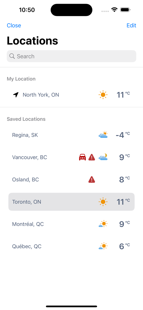The locations management screen in the WeatherCAN app displaying a list of saved Canadian cities with their current temperatures and weather icons