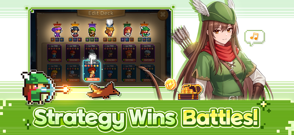 Strategy deck building screen in Pixel Guardians showing various level 750 heroes and an anime archer character