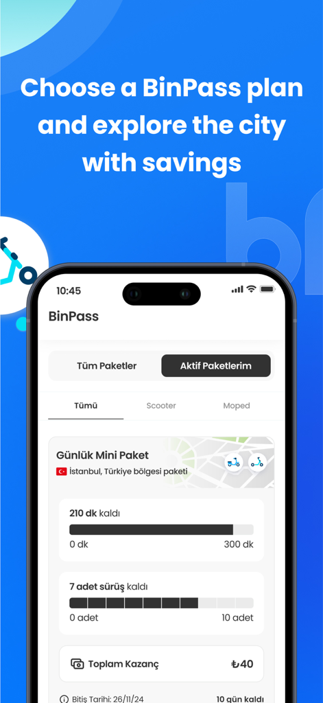 BinBin Scooters - BinBin Scooters app interface displaying BinPass subscription options and ride usage status for urban commuters