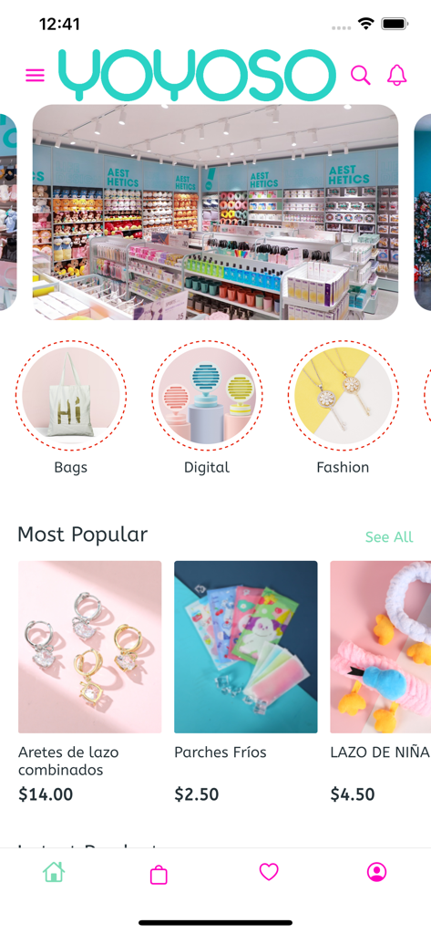 YOYOSO Ecuador - The home screen of the YOYOSO Ecuador app showcasing lifestyle categories like bags and fashion alongside popular products