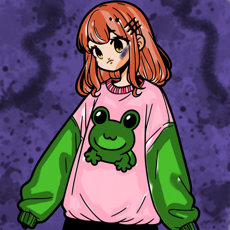 girl wearing frogging sweatshirt
