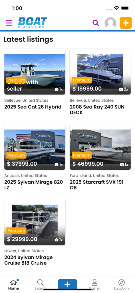 Boat Classifieds - Boat Classifieds app screen showing a grid of the latest boat listings with prices and models