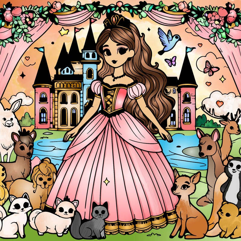 a disney princess in an enchanted castle surrounded by animals