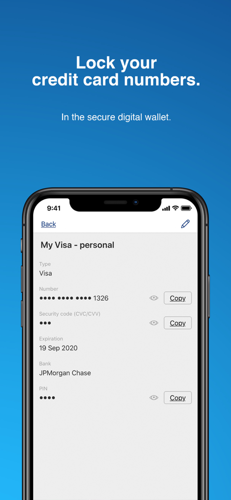 Captura de pantalla de la aplicación Sticky Password que muestra una cartera digital segura con una tarjeta de crédito almacenada que incluye el número de tarjeta enmascarado y los detalles bancarios.