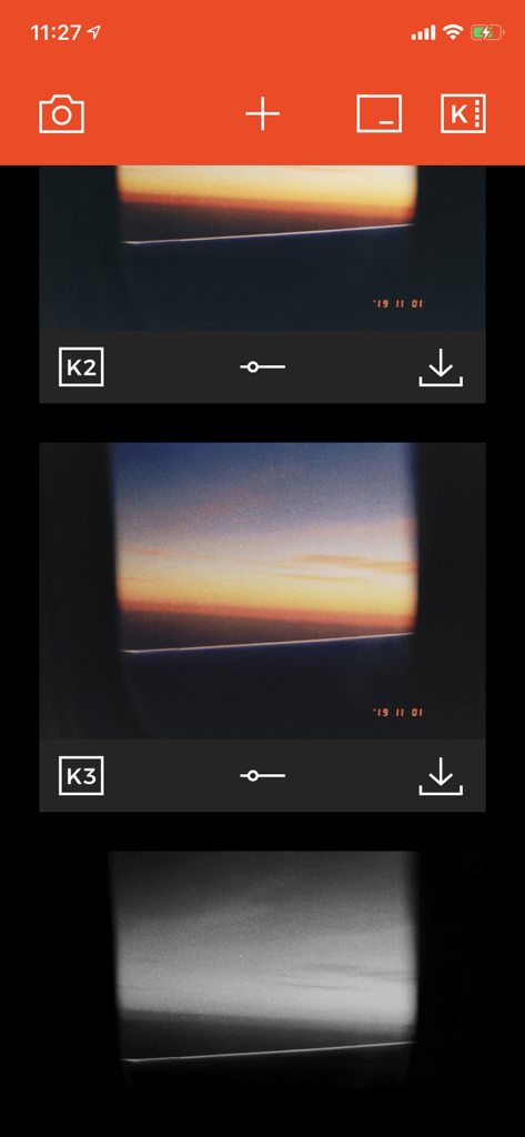 Filmlike Camera - 빈티지 필름 필터와 날짜 스탬프가 있는 일몰 사진을 보여주는 모바일 앱 인터페이스