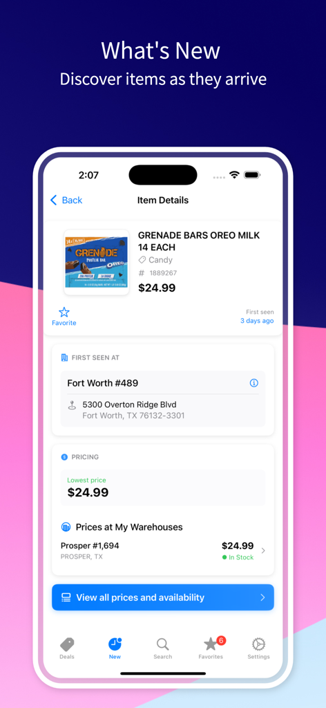 Warehouse Runner app showing new item arrival details and local warehouse prices