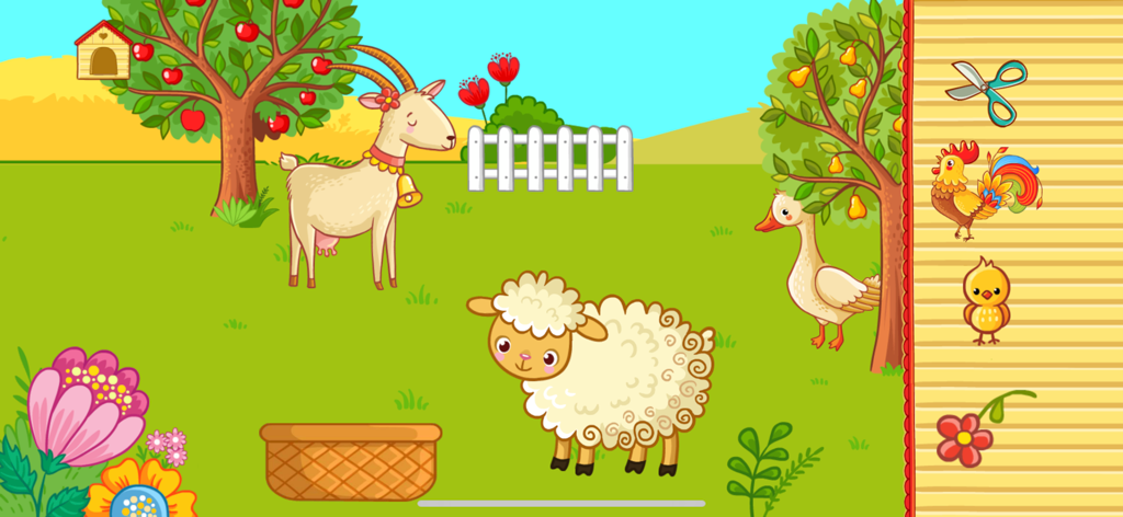Farm animal pet games for kids - Una escena colorida de una granja de dibujos animados con una oveja y una cabra en un juego educativo de animales para niños pequeños.